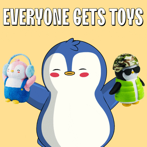 A Cartoon Of A Penguin Holding Two Stuffed Penguins With The Words Everyone Gets Toys Below It GIF