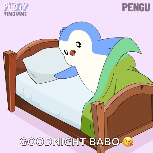 A Cartoon Of A Penguin In A Bed With The Words Goodnight Babo On The Bottom GIF