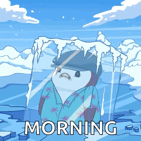 A Cartoon Of A Penguin In An Ice Cube With The Words Morning Below GIF
