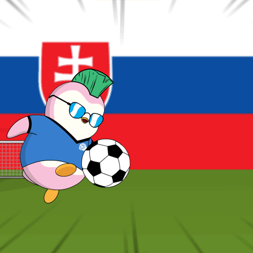 A Cartoon Of A Penguin Kicking A Soccer Ball In Front Of A Slovakian Flag GIF