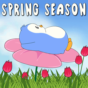 A Cartoon Of A Penguin Laying On A Flower With The Words Spring Season GIF