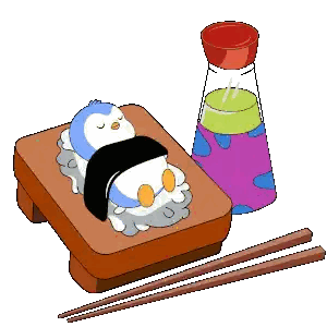 a cartoon of a penguin laying on sushi next to a bottle of soy sauce and chopsticks