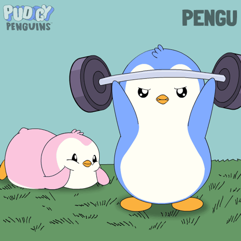 A Cartoon Of A Penguin Lifting A Dumbbell With The Name Pengu Behind It GIF