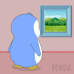 A Cartoon Of A Penguin Looking At A Picture On A Pink Wall GIF