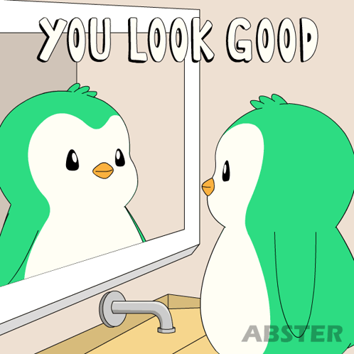 A Cartoon Of A Penguin Looking At Itself In A Mirror With The Words " You Look Good " Below It GIF