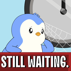 A Cartoon Of A Penguin Looking Out A Window With The Words Still Waiting Below It GIF