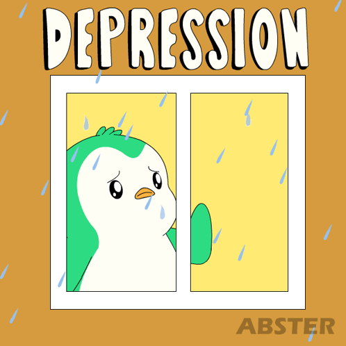A Cartoon Of A Penguin Looking Out Of A Window With The Word Depression Written Above It GIF