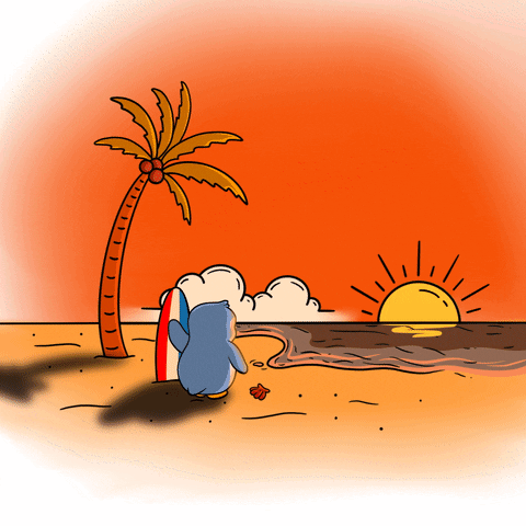 A Cartoon Of A Penguin On A Beach With A Surfboard GIF
