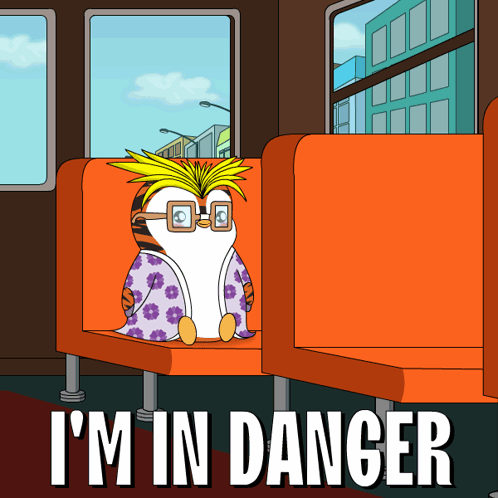 A Cartoon Of A Penguin On A Bus With The Words " I 'M In Danger " Below It GIF