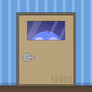 a cartoon of a penguin peeking out of a door that says pengu