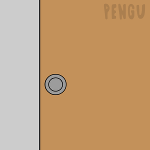 A Cartoon Of A Penguin Peeking Out Of A Wooden Door GIF