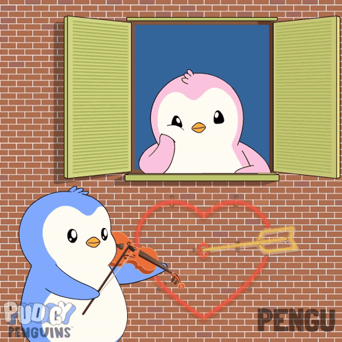 a cartoon of a penguin playing a violin and a penguin drawing a heart with an arrow