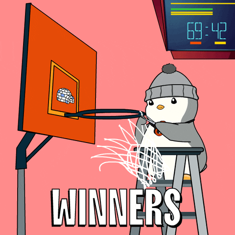 A Cartoon Of A Penguin Playing Basketball With The Words " Winners " On The Bottom GIF