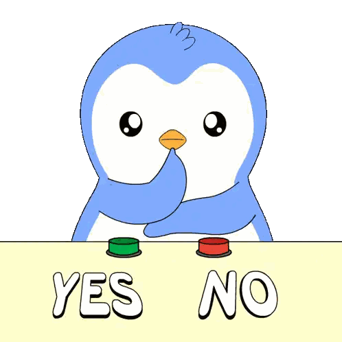 a cartoon of a penguin pressing a button that says yes and no