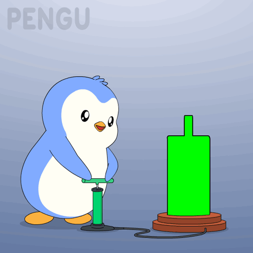 A Cartoon Of A Penguin Pumping A Green Object With The Word Pengu In The Background GIF