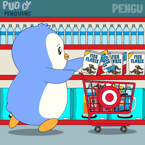 A Cartoon Of A Penguin Pushing A Shopping Cart Full Of Fish Flakes GIF