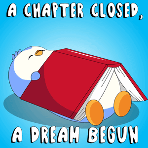 A Cartoon Of A Penguin Reading A Book With The Words A Chapter Closed A Dream Begun Below It GIF