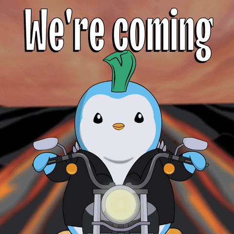 A Cartoon Of A Penguin Riding A Motorcycle With The Words " We 'Re Coming " Above Him GIF