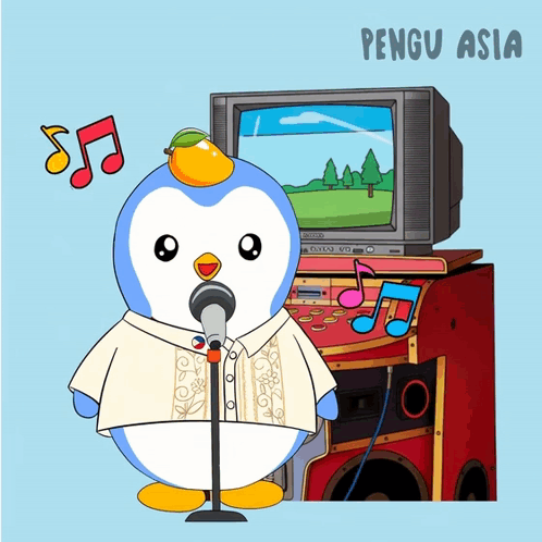 A Cartoon Of A Penguin Singing Into A Microphone With Pengu Asia Written On The Bottom Right GIF