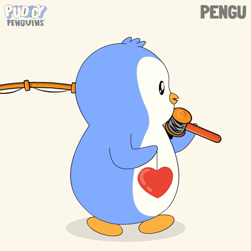 A Cartoon Of A Penguin Singing Into A Microphone With The Name Pengu Behind It GIF
