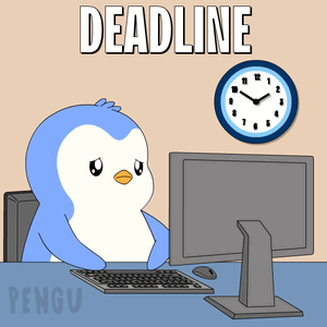 A Cartoon Of A Penguin Sitting At A Desk With A Computer And A Clock Behind It That Says Deadline GIF