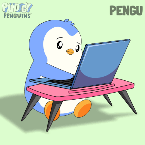 A Cartoon Of A Penguin Sitting At A Desk With A Laptop And The Name Pengu GIF