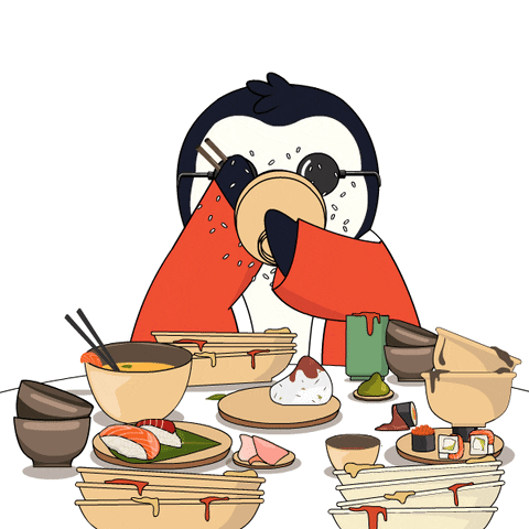 A Cartoon Of A Penguin Sitting At A Table Eating Food GIF