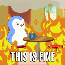 A Cartoon Of A Penguin Sitting At A Table With The Words " This Is Fine " On The Bottom GIF