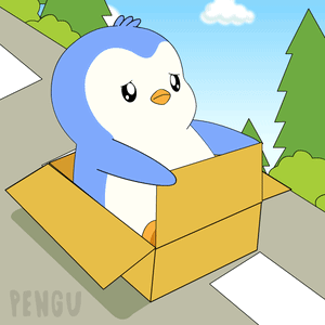 A Cartoon Of A Penguin Sitting In A Cardboard Box With The Word Pengu On The Bottom GIF