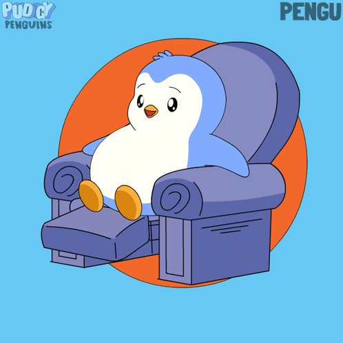 A Cartoon Of A Penguin Sitting In A Chair With The Name Pengu Written Above It GIF