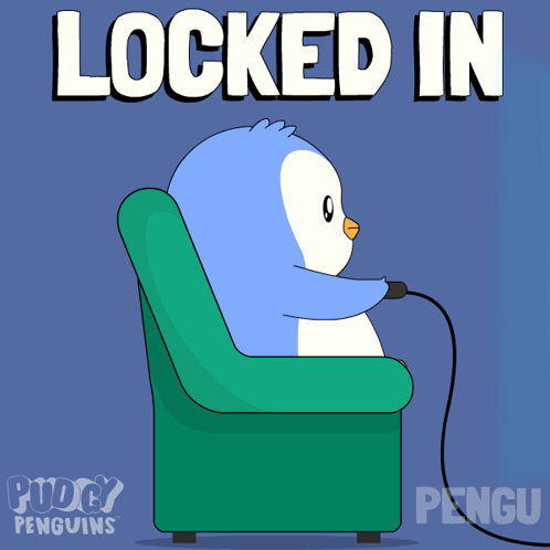 A Cartoon Of A Penguin Sitting In A Chair With The Words " Locked In " Above It GIF