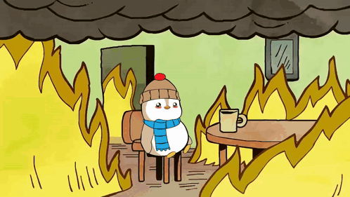 A Cartoon Of A Penguin Sitting In Front Of A Table With A Cup Of Coffee GIF