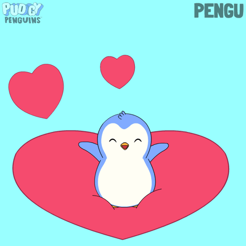 A Cartoon Of A Penguin Sitting On A Heart Surrounded By Hearts And The Name Pengu On The Bottom GIF