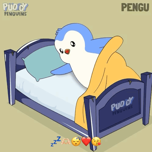A Cartoon Of A Penguin Sleeping In A Bed With The Name Pengu On It GIF