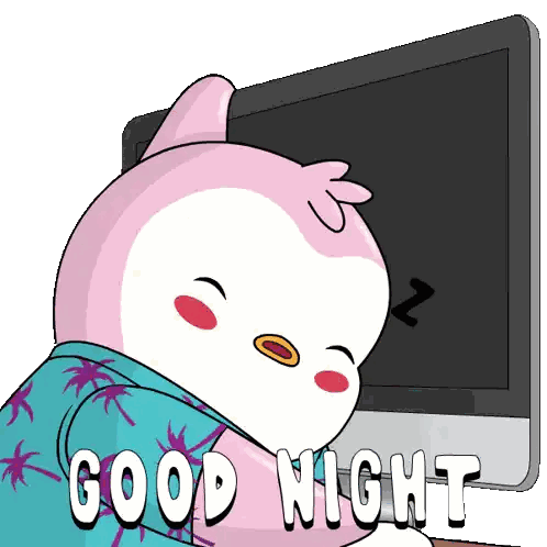 a cartoon of a penguin sleeping in front of a computer screen with the words " good night " below it
