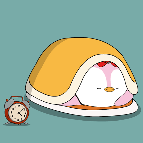 A Cartoon Of A Penguin Sleeping Next To An Alarm Clock GIF