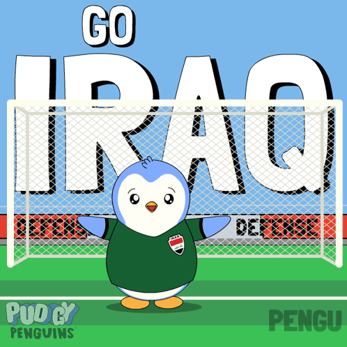 A Cartoon Of A Penguin Standing In Front Of A Goal With The Words Go Iraq Behind Him GIF