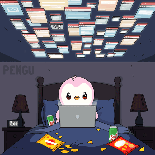 A Cartoon Of A Penguin Using A Laptop And A Clock That Says 3.00 GIF