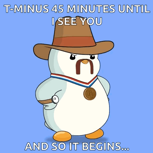 A Cartoon Of A Penguin Wearing A Cowboy Hat And A Medal That Says T Minus 45 Minutes Until I See You GIF