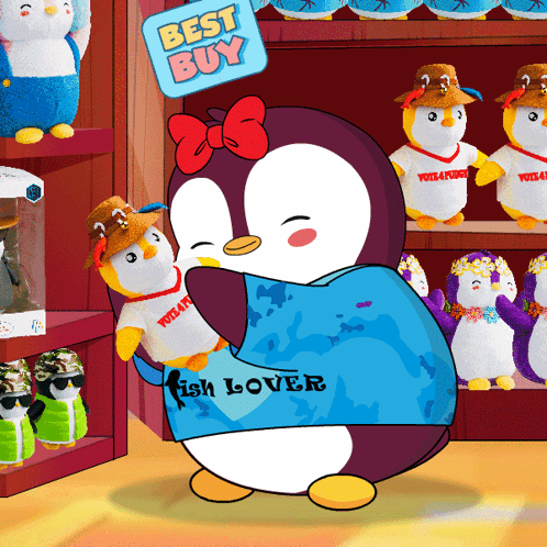 A Cartoon Of A Penguin Wearing A Fish Lover T-Shirt GIF