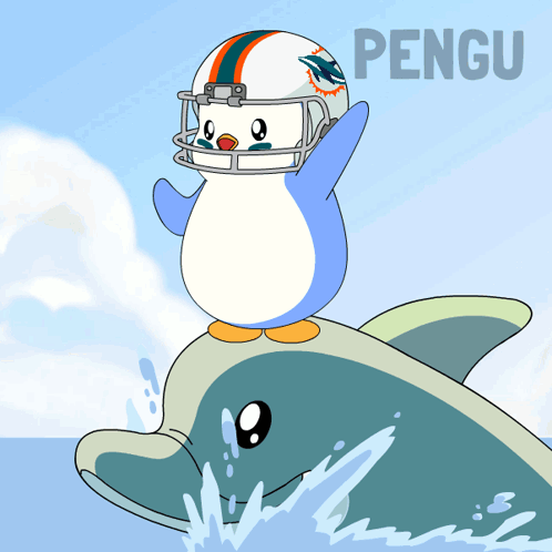 A Cartoon Of A Penguin Wearing A Football Helmet Riding On The Back Of A Dolphin GIF