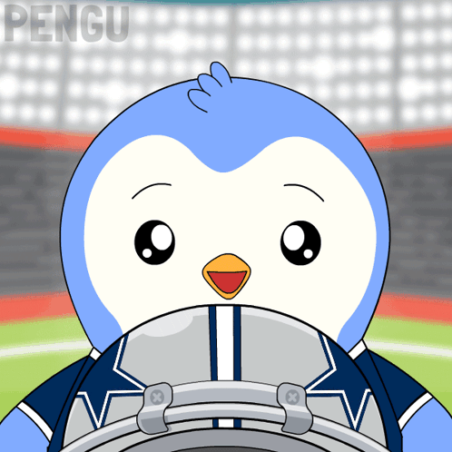 A Cartoon Of A Penguin Wearing A Football Helmet With The Word Pengu On The Bottom Right GIF