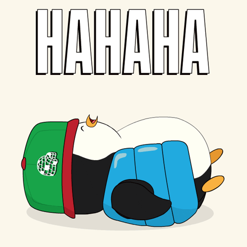 A Cartoon Of A Penguin Wearing A Green Hat And Blue Pants With The Word Hahaha Above It GIF