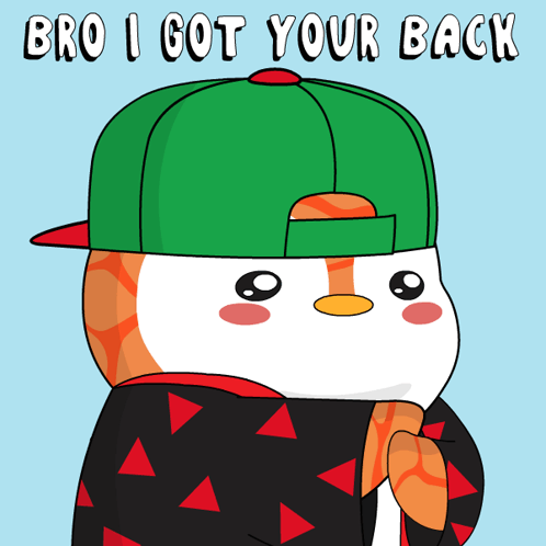 A Cartoon Of A Penguin Wearing A Green Hat With The Words Bro I Got Your Back Below It GIF