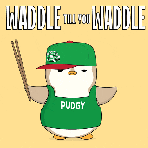 A Cartoon Of A Penguin Wearing A Green Shirt That Says Pudgy On It GIF