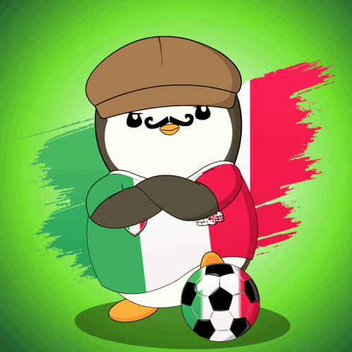 A Cartoon Of A Penguin Wearing A Hat And A Soccer Ball GIF