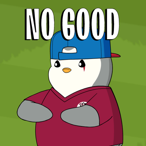 A Cartoon Of A Penguin Wearing A Hat That Says No Good On It GIF