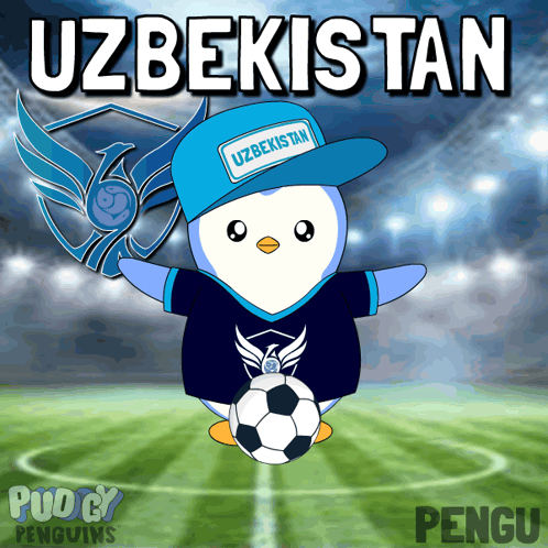 A Cartoon Of A Penguin Wearing A Hat That Says Uzbekistan On It GIF