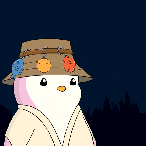 A Cartoon Of A Penguin Wearing A Hat With Hooks And Fish On It GIF