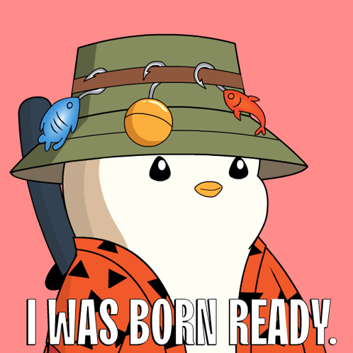 A Cartoon Of A Penguin Wearing A Hat With Hooks On It And The Words " I Was Born Ready " GIF